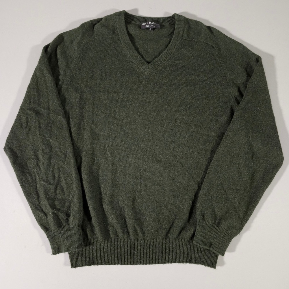 Unbranded V-Neck Sweater Mens Large Green 100% 2 Ply Cashmere Pullover